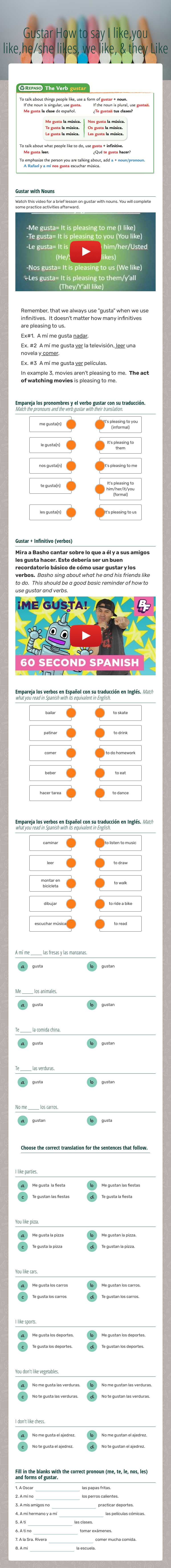Gustar                                       
 How to say I like,you like,he/she likes, we like, & they Like worksheet preview image