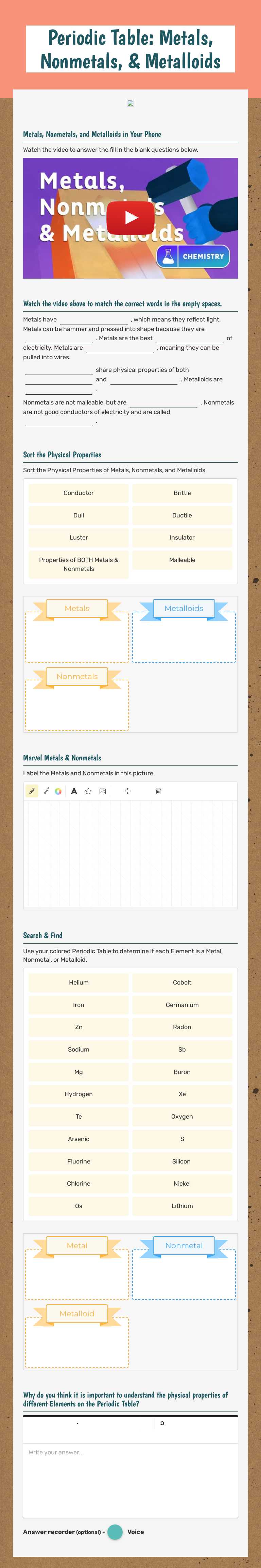 Periodic Table: Metals, Nonmetals, & Metalloids worksheet preview image