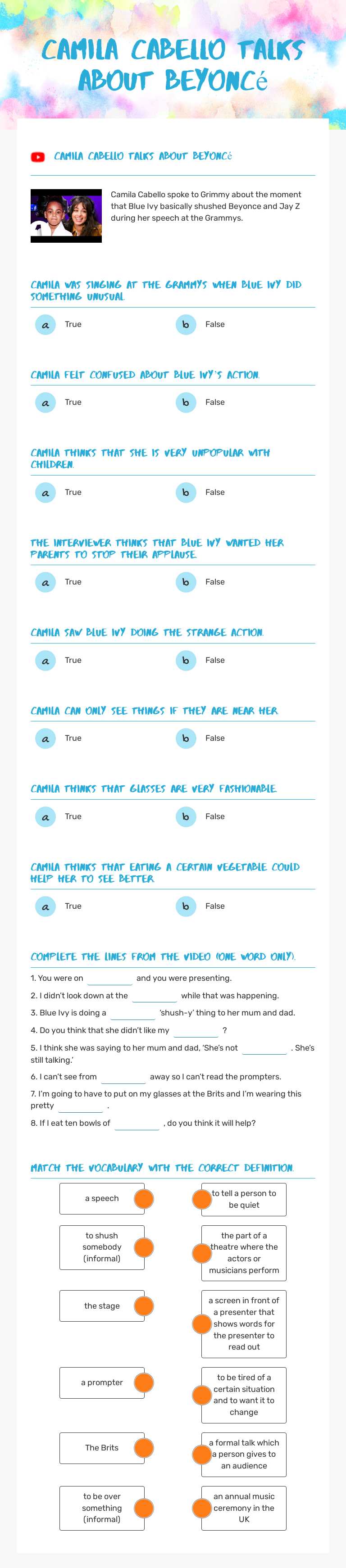 Camila Cabello talks about Beyoncé Grade 10 worksheet preview