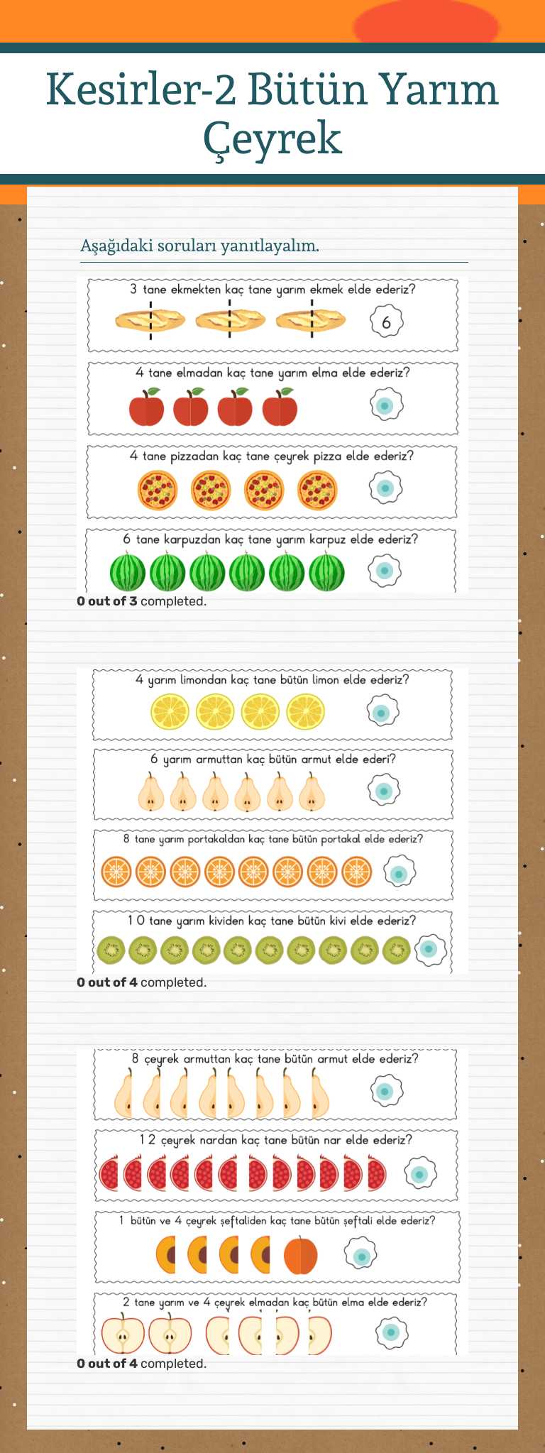 Kesirler-2 Bütün Yarım Çeyrek Grade 3 worksheet preview