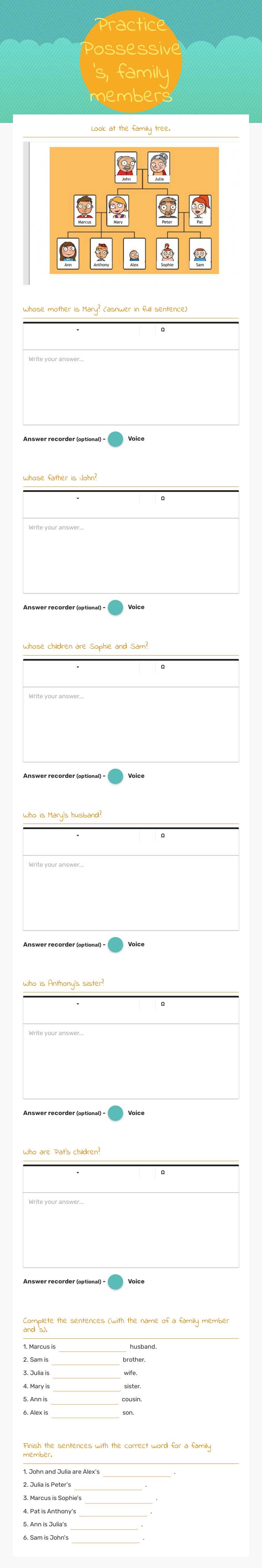 Practice
Possessive 's, family members worksheet preview image