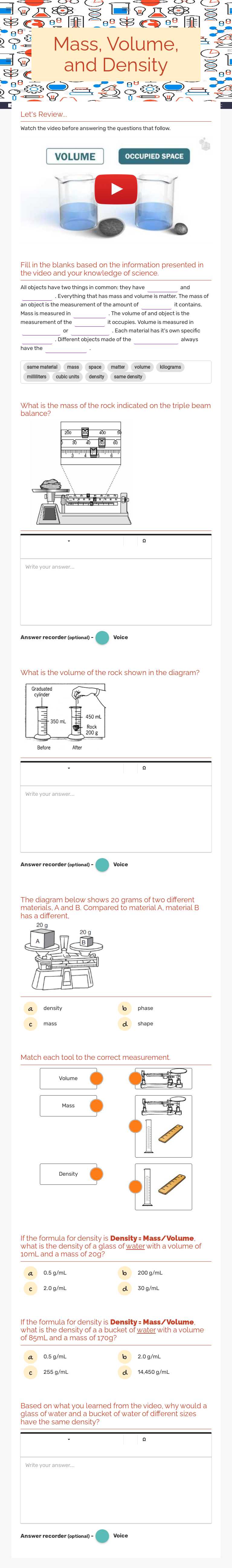 Mass, Volume, and Density Grade 8 worksheet preview