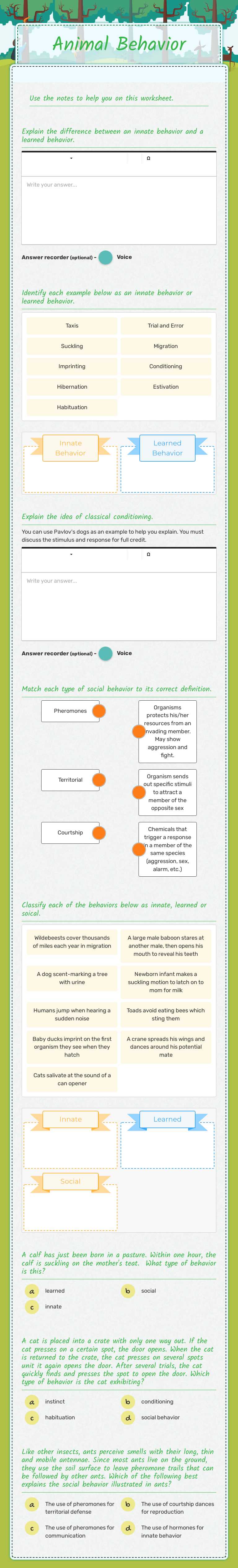 Animal Behavior Grade 10 worksheet preview