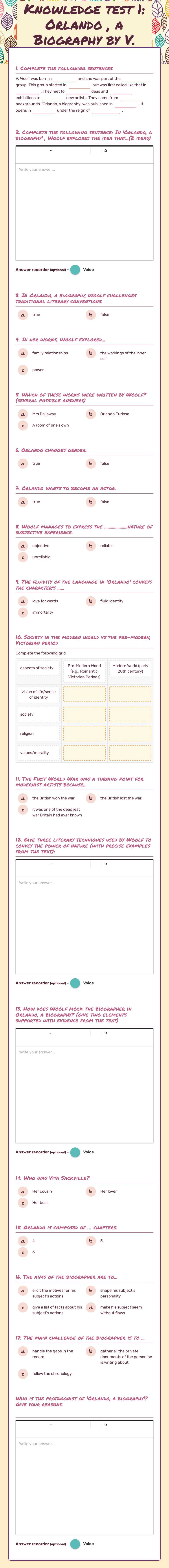 Knowledge test 1: Orlando , a Biography   by V. Woolf worksheet preview image