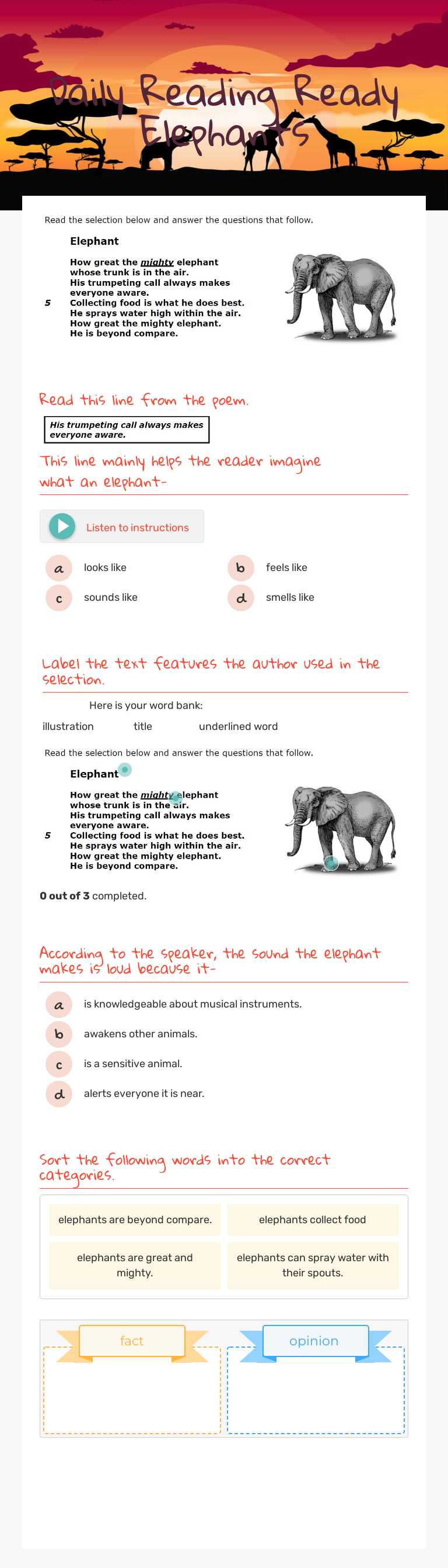Daily Reading Ready Elephants Grade 3 worksheet preview