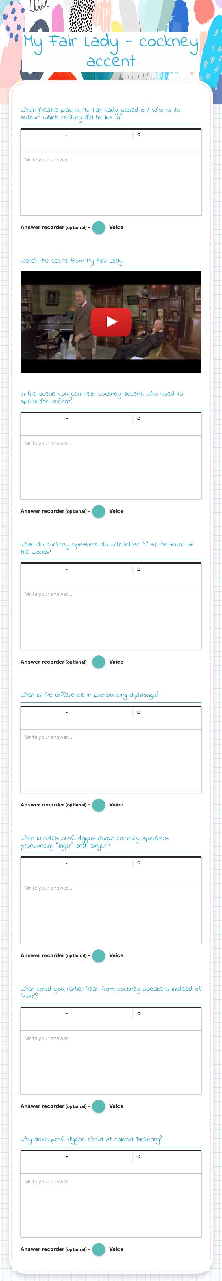 My Fair Lady - cockney accent worksheet preview image