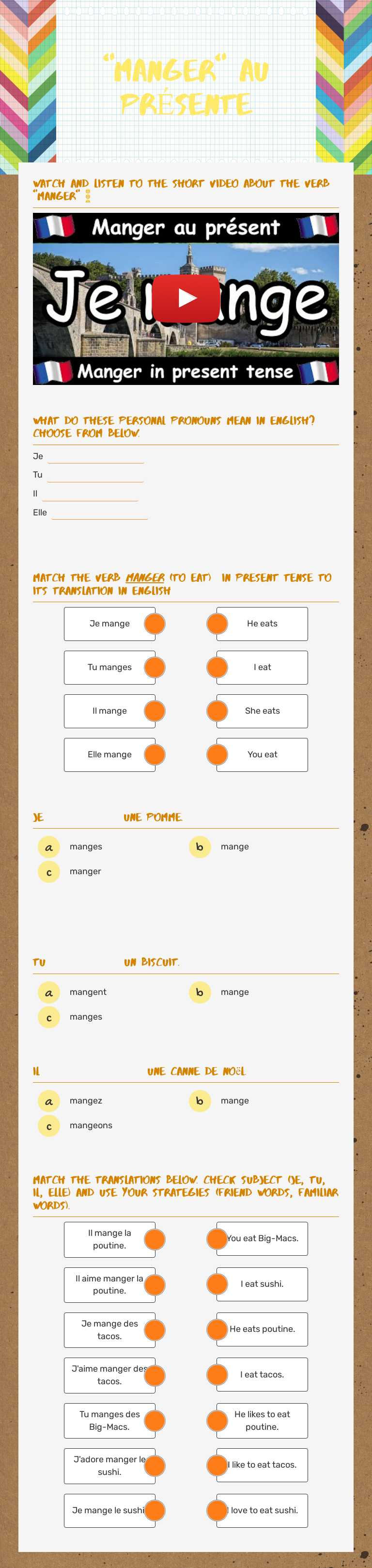 "MANGER" AU PRÉSENTE Grade 7 worksheet preview