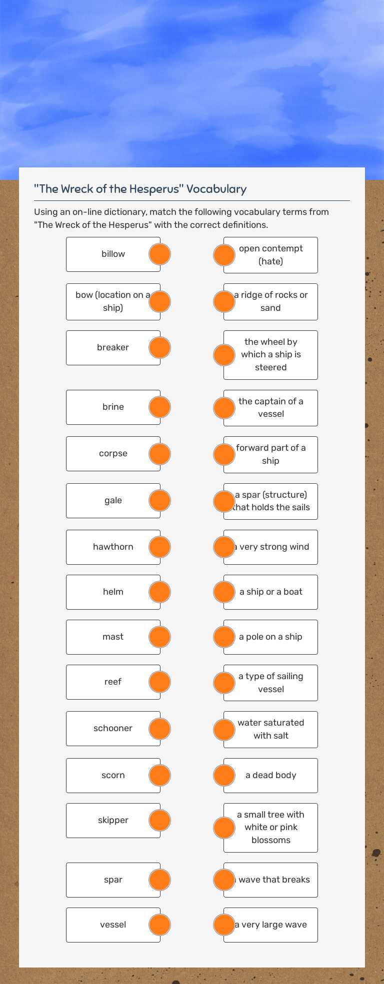 "The wreck of the hesperus" vocabulary matching worksheet preview image