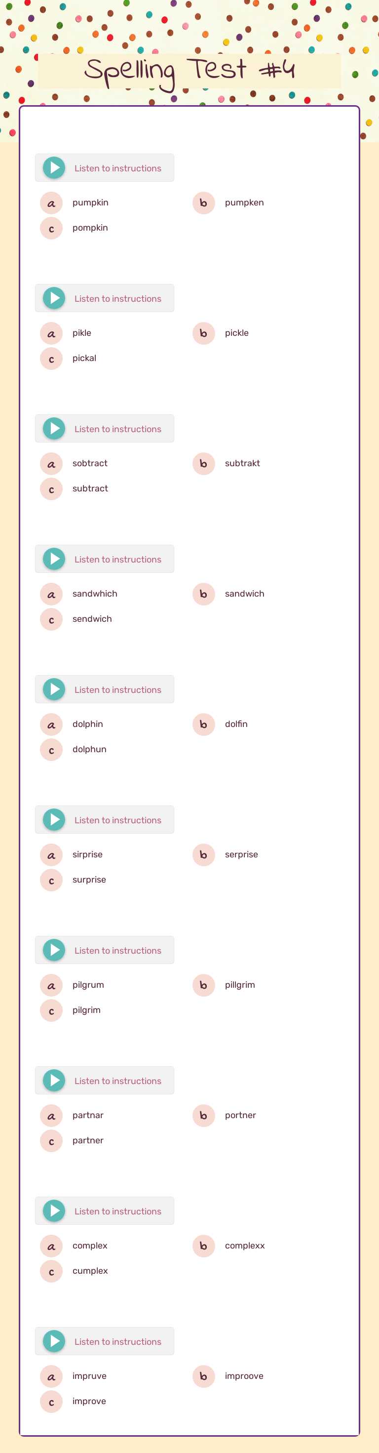 Spelling Test #4 Grade 3 worksheet preview