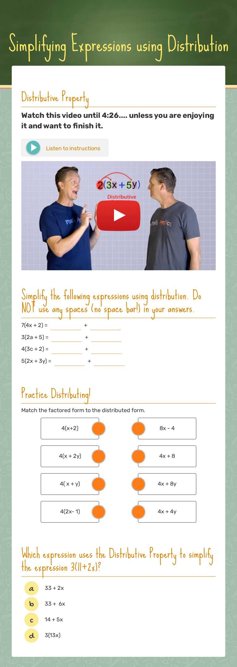 Simplifying Expressions using Distribution worksheet preview image