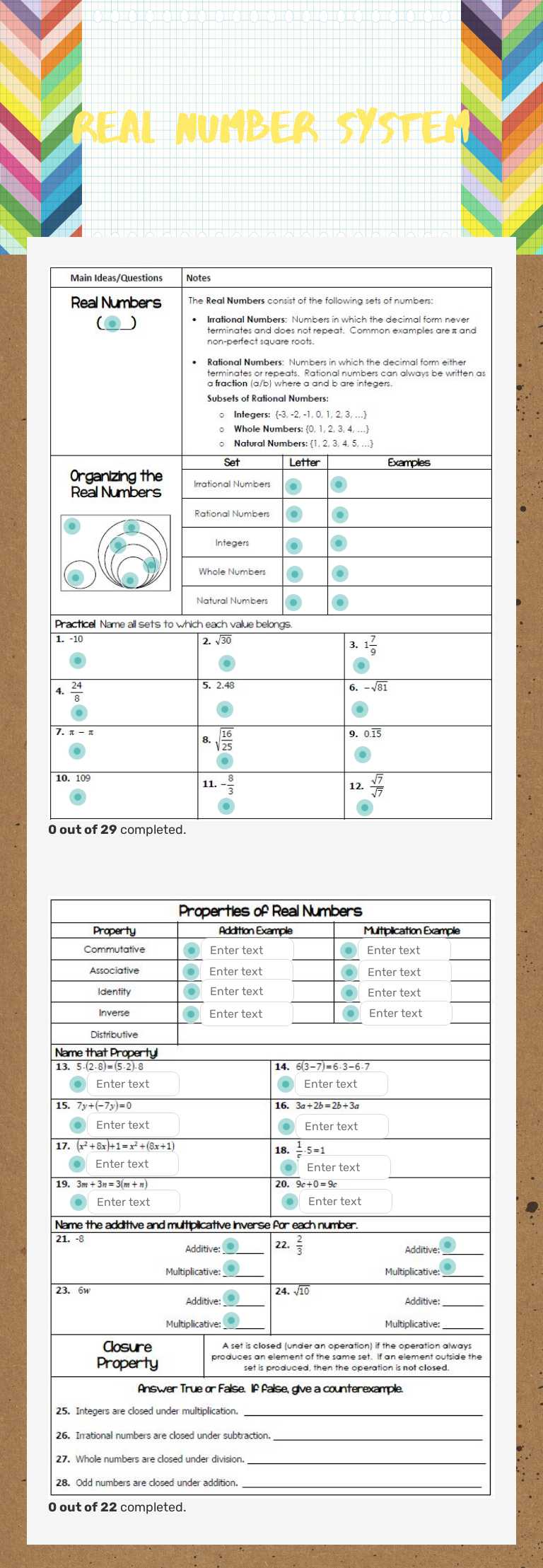 Real Number System worksheet preview image