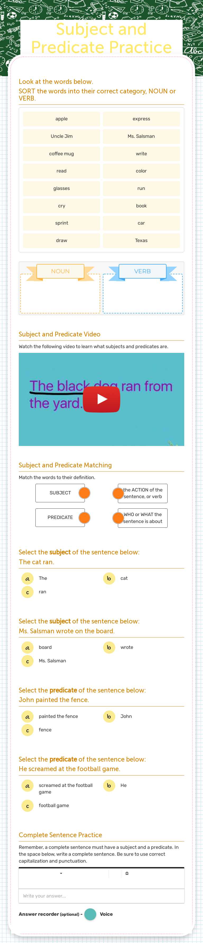 Subject and Predicate Practice worksheet preview image