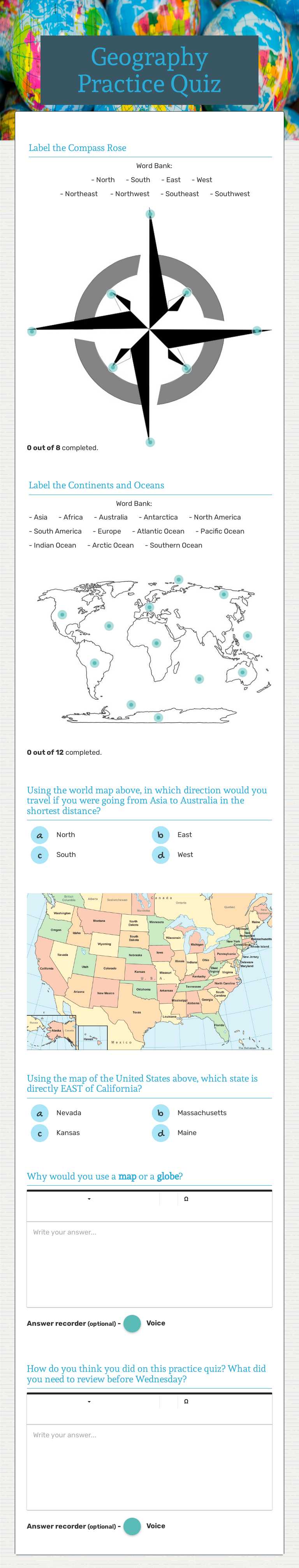 Geography Practice Quiz Grade 6 worksheet preview