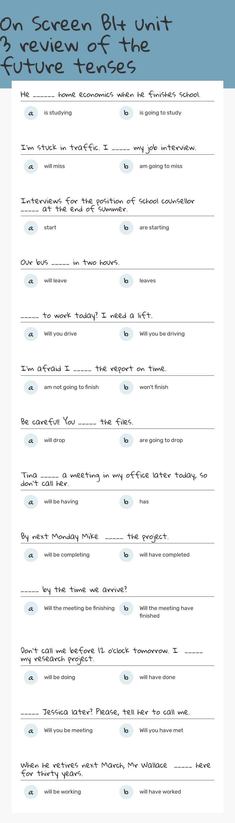 On Screen B1+ unit 3 review of the future tenses worksheet preview image