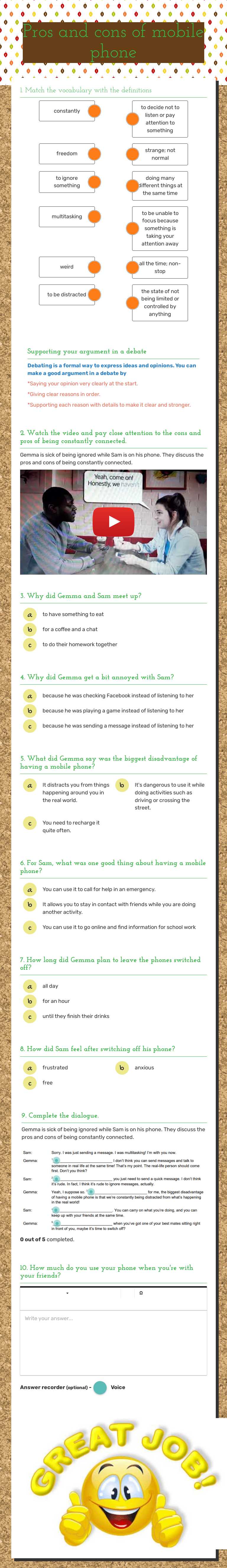 Pros and cons of mobile phone Other worksheet preview
