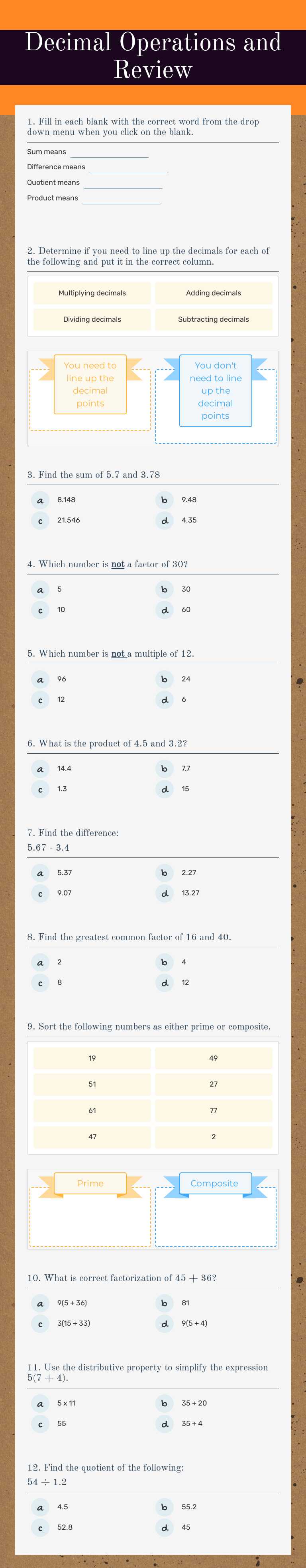 Decimal Operations and Review Grade 6 worksheet preview