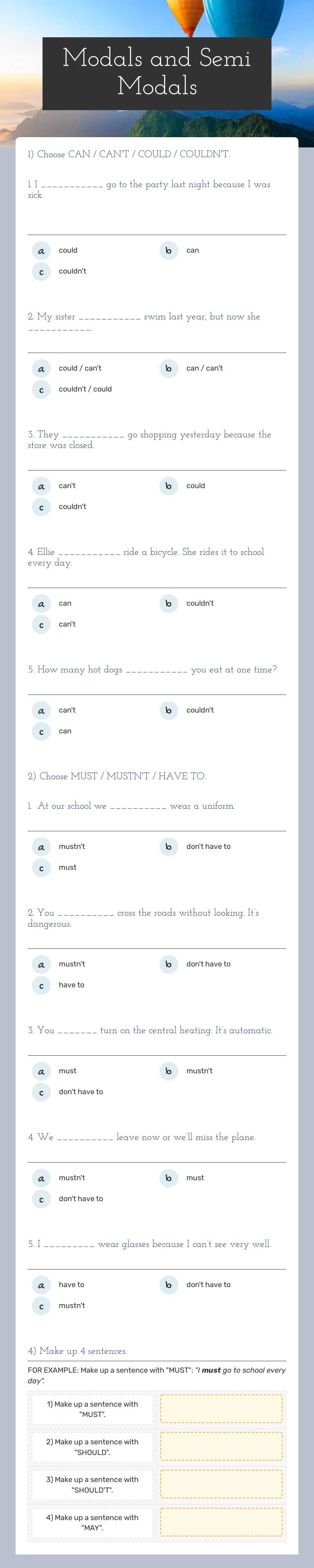 Modals and Semi Modals worksheet preview image