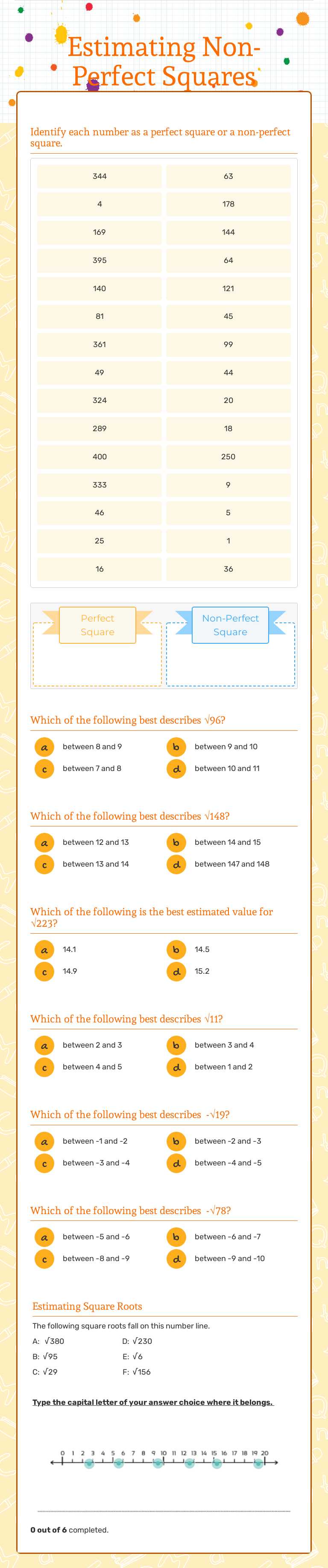 Estimating Non-Perfect Squares worksheet preview image