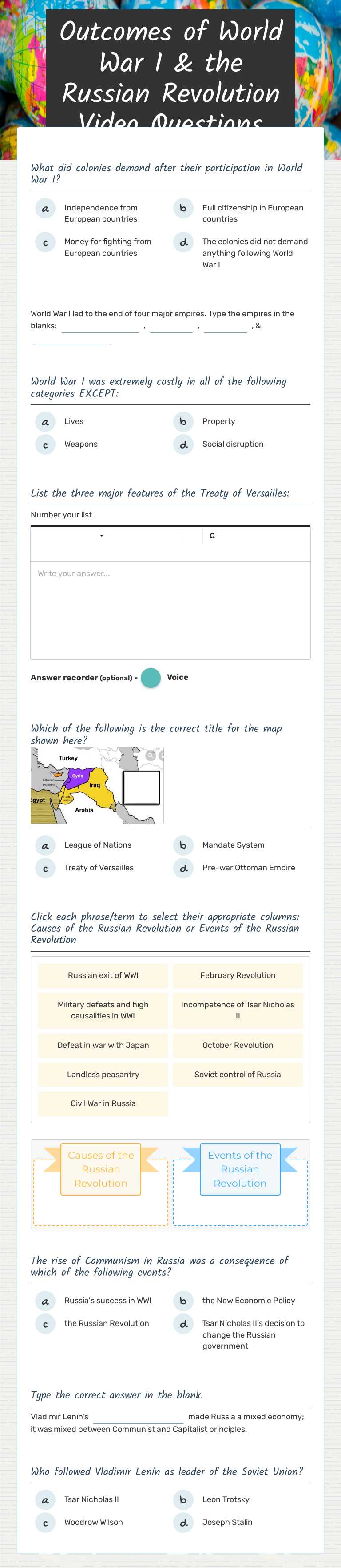 Outcomes of World War I & the Russian Revolution Video Questions Grade 10 worksheet preview