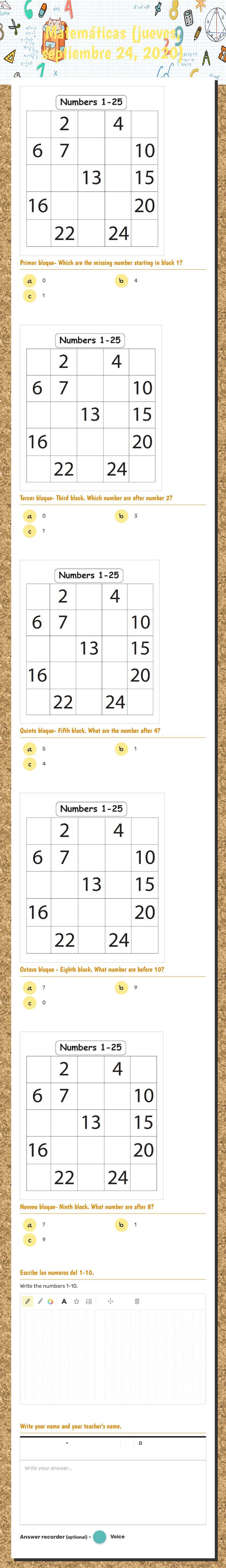 Matemáticas (jueves, septiembre 24, 2020) Grade 1 worksheet preview