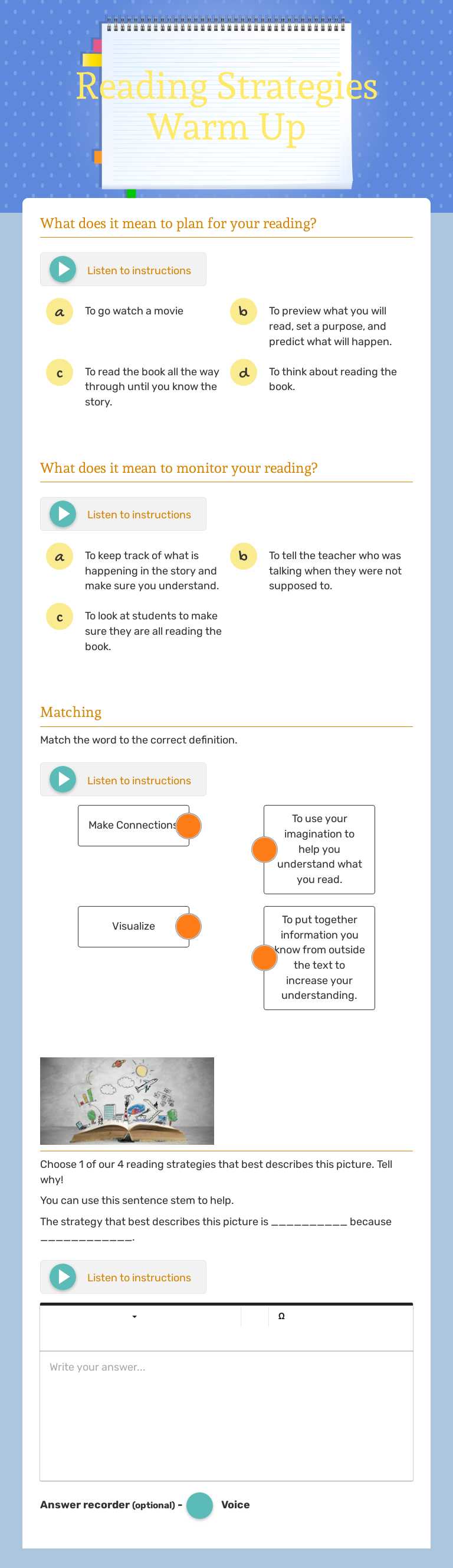 Reading Strategies Warm Up worksheet preview image
