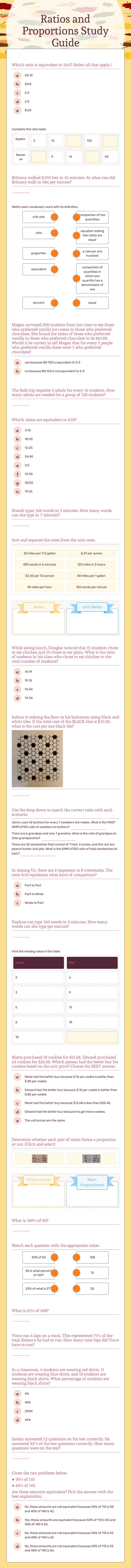 Ratios and Proportions Study Guide worksheet preview image