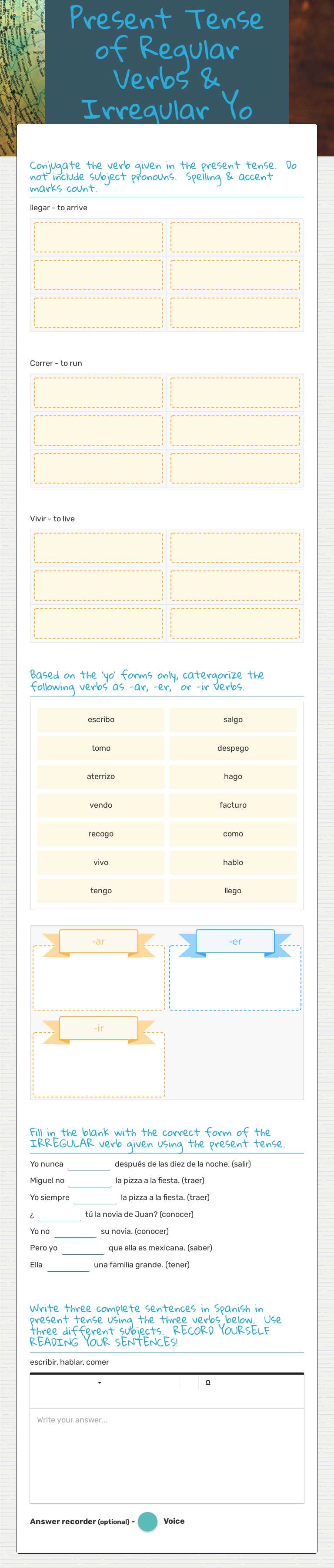 Present Tense of Regular Verbs & Irregular Yo Form Verbs worksheet preview image