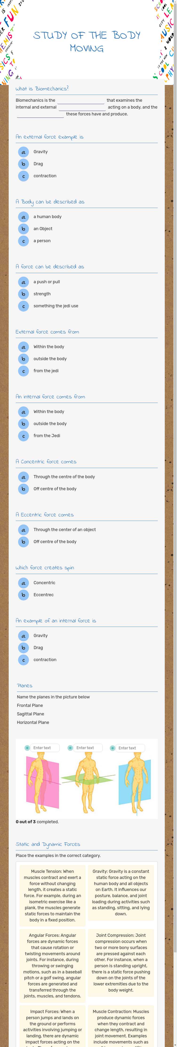 STUDY OF THE BODY MOVING worksheet preview image