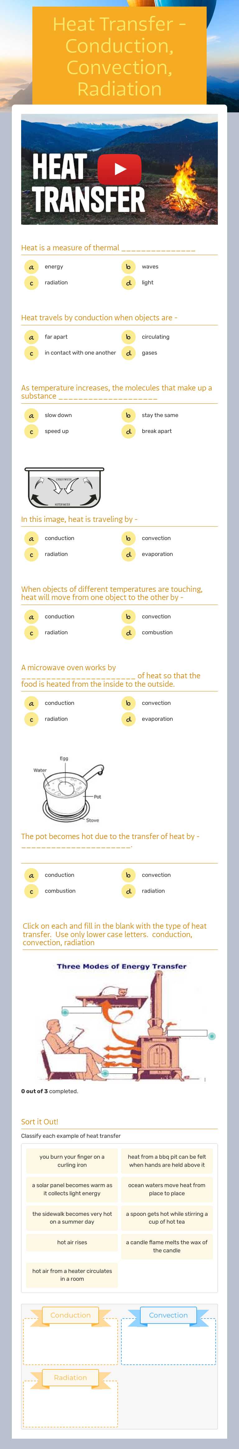 Heat Transfer - Conduction, Convection, Radiation worksheet preview image