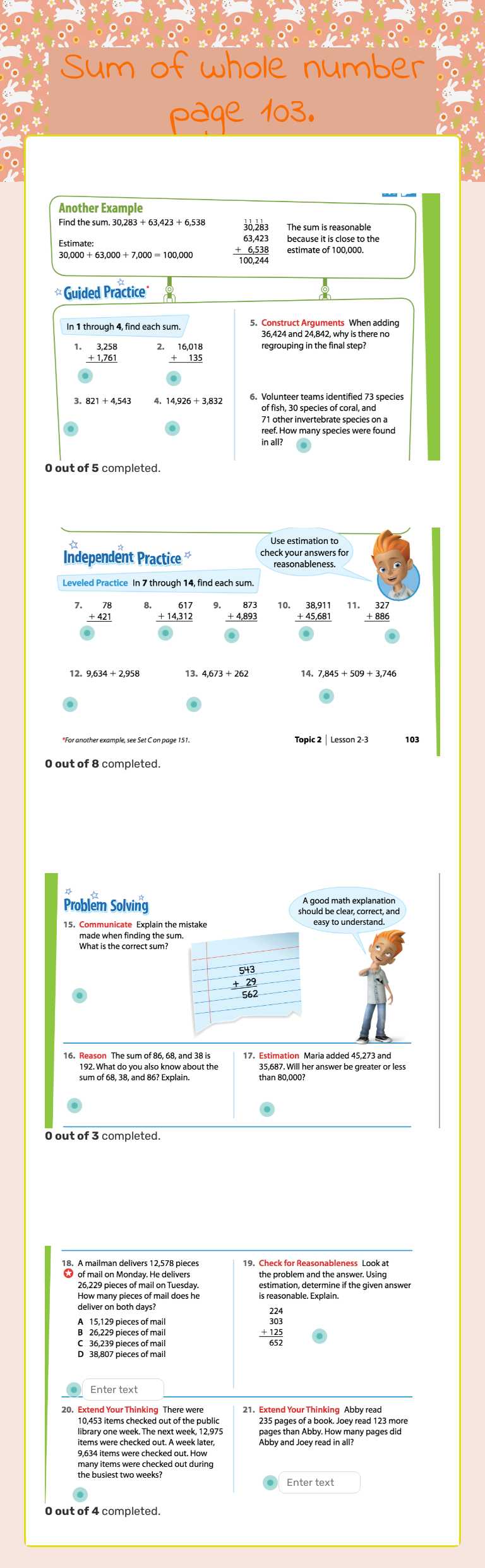 Sum of whole number page 103. worksheet preview image