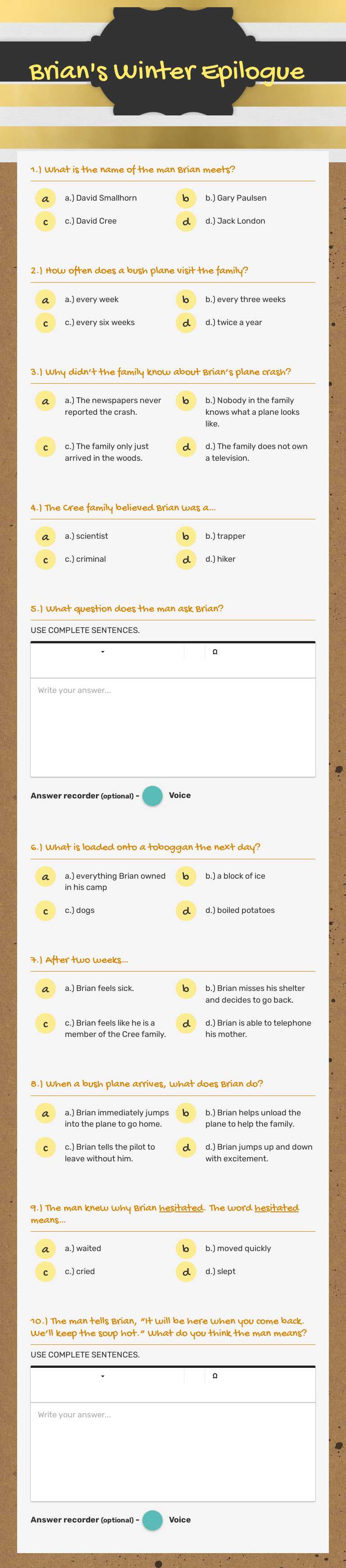 Brian's Winter Epilogue Grade 5 worksheet preview