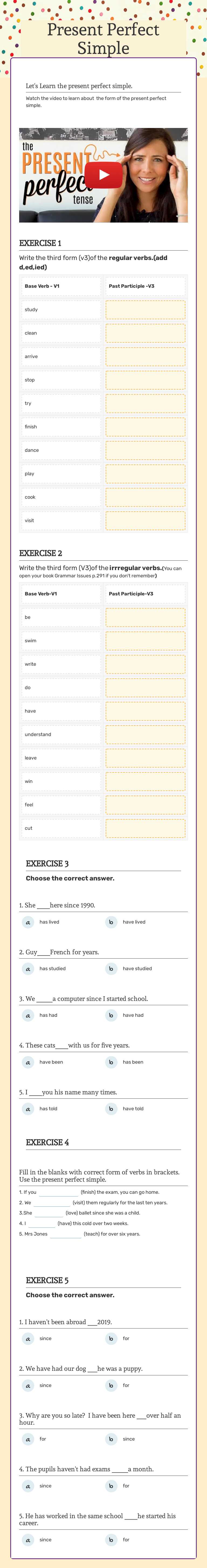 Present Perfect Simple Grade 9 worksheet preview