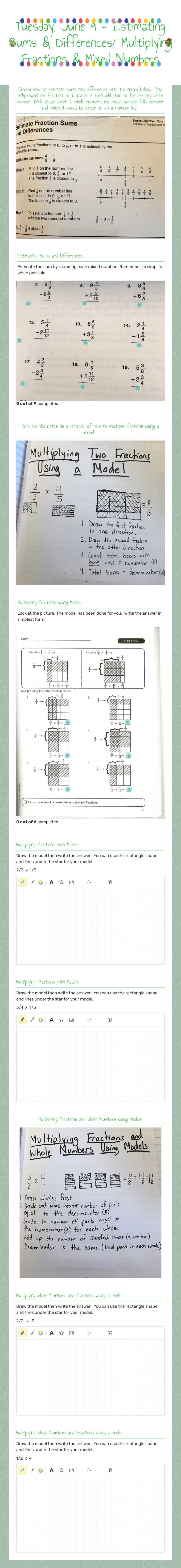 Tuesday, June 9 - Estimating Sums & Differences/ Multiplying Fractions & Mixed Numbers worksheet preview image