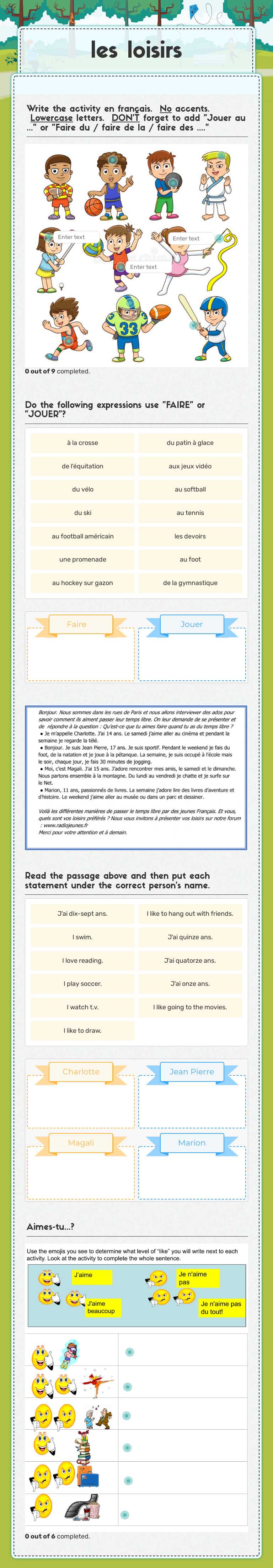 les loisirs Grade 6 worksheet preview