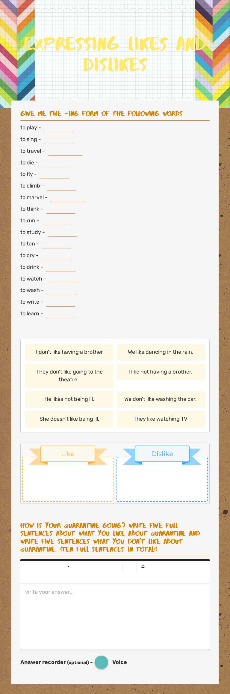 eXPRESSING LIKES AND DISLIKES worksheet preview image