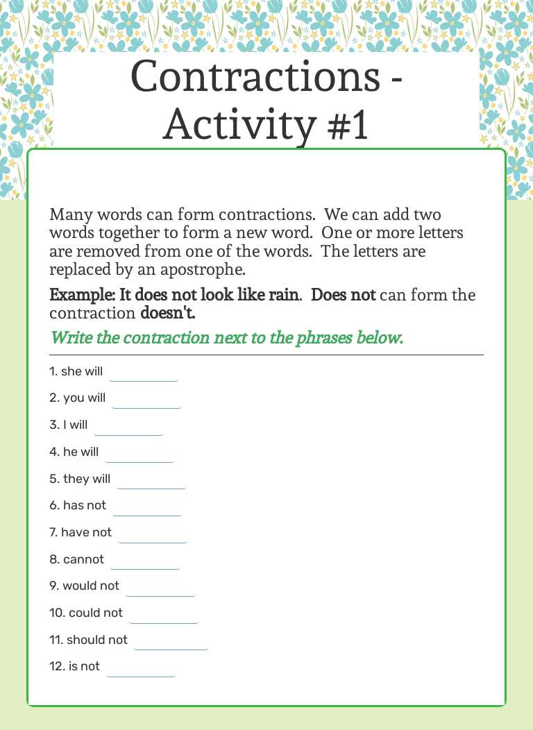 Contractions - Activity #1 Grade 2 worksheet preview