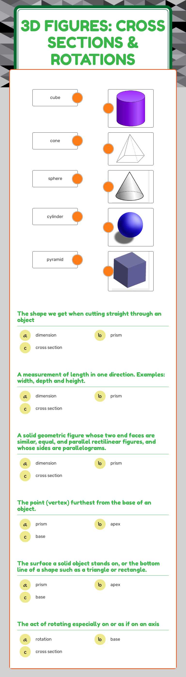 3D FIGURES: cROSS SECTIONS & rOTATIONS Grade 10 worksheet preview