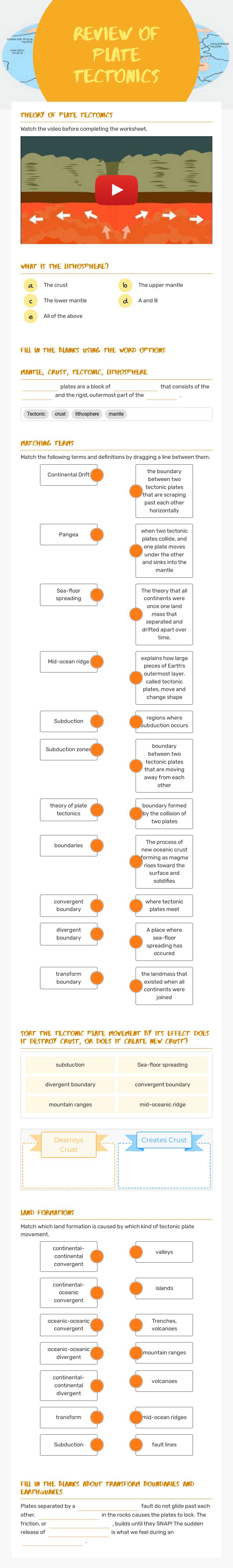 Review of Plate Tectonics worksheet preview image