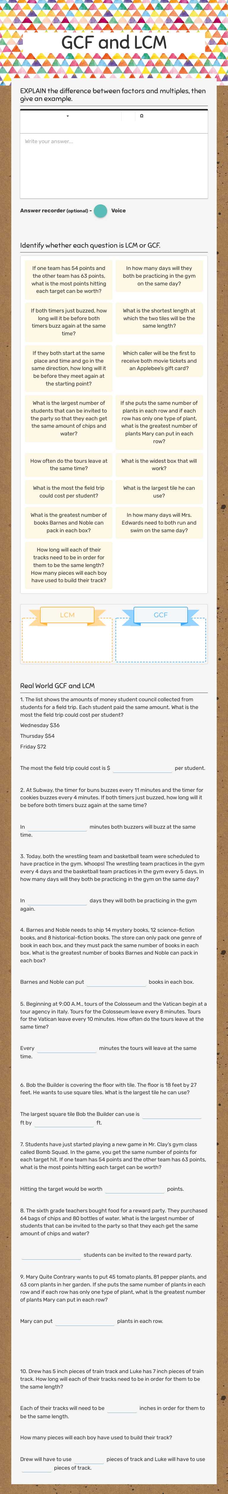 GCF and LCM Grade 6 worksheet preview