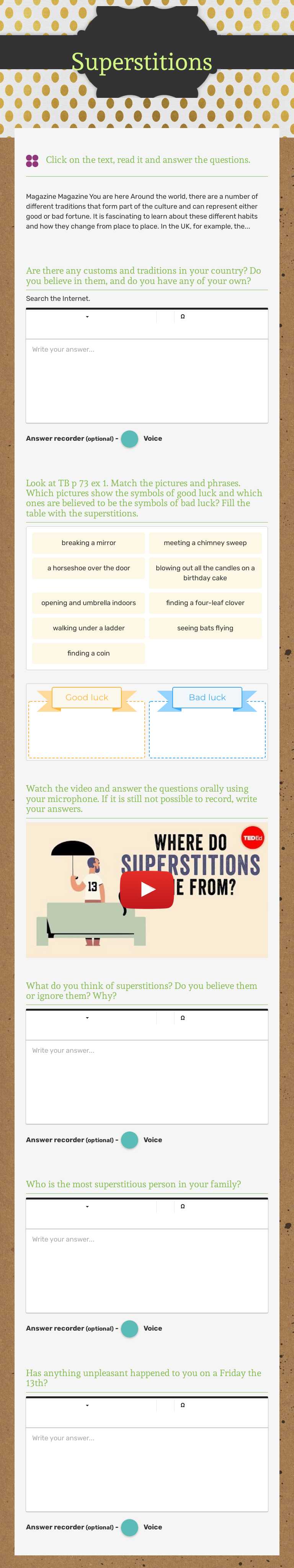 Superstitions worksheet preview image