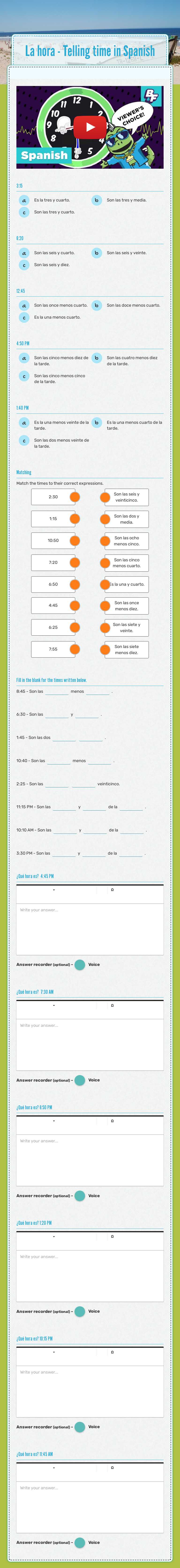 La hora - Telling time in Spanish worksheet preview image