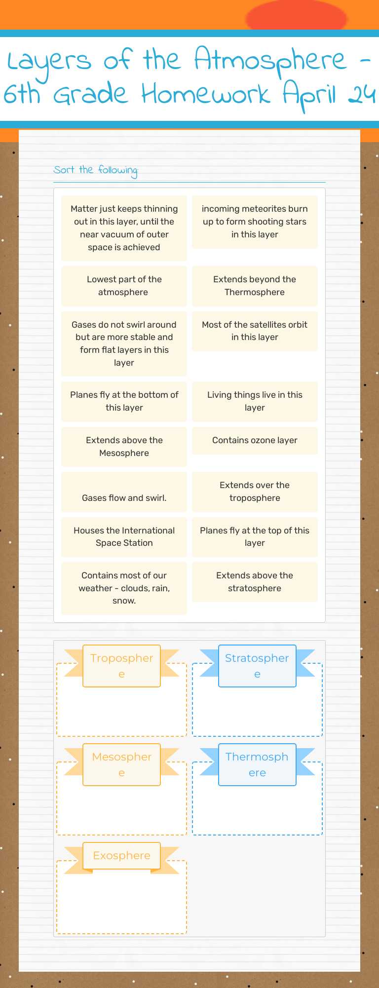 Layers of the Atmosphere - 6th Grade Homework April 24 worksheet preview image