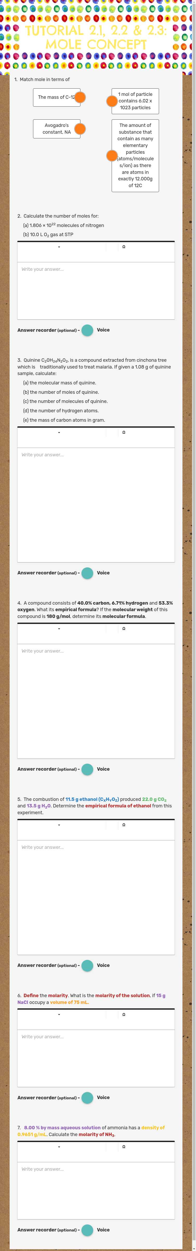 TUTORIAL 2.1, 2.2 & 2.3: MOLE CONCEPT worksheet preview image