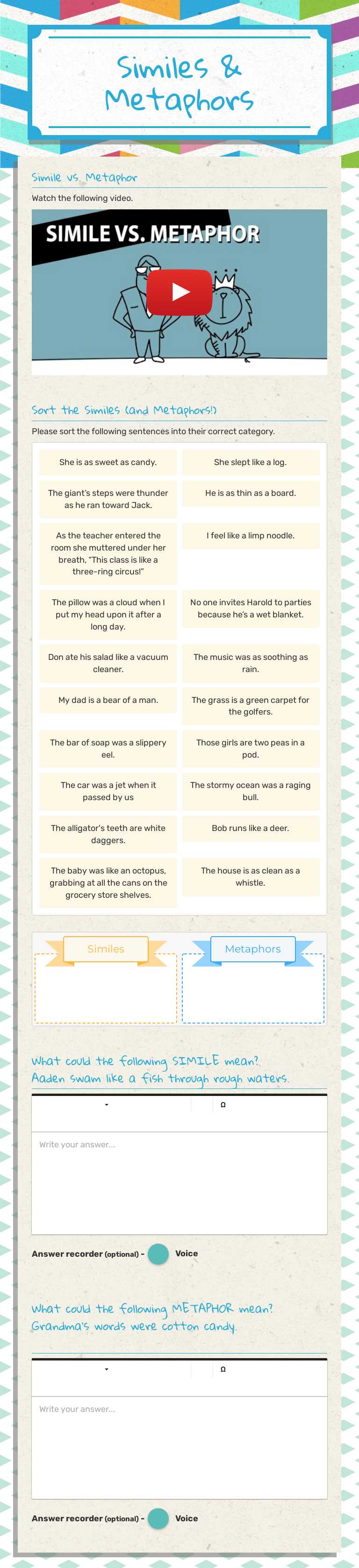 Similes & Metaphors worksheet preview image