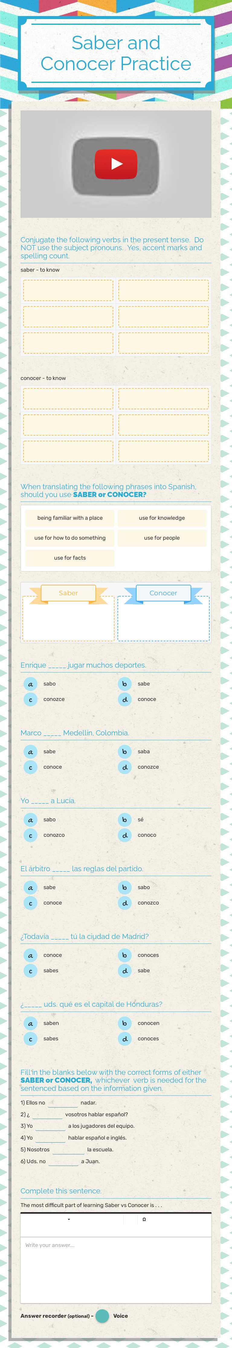 Saber and Conocer Practice worksheet preview image