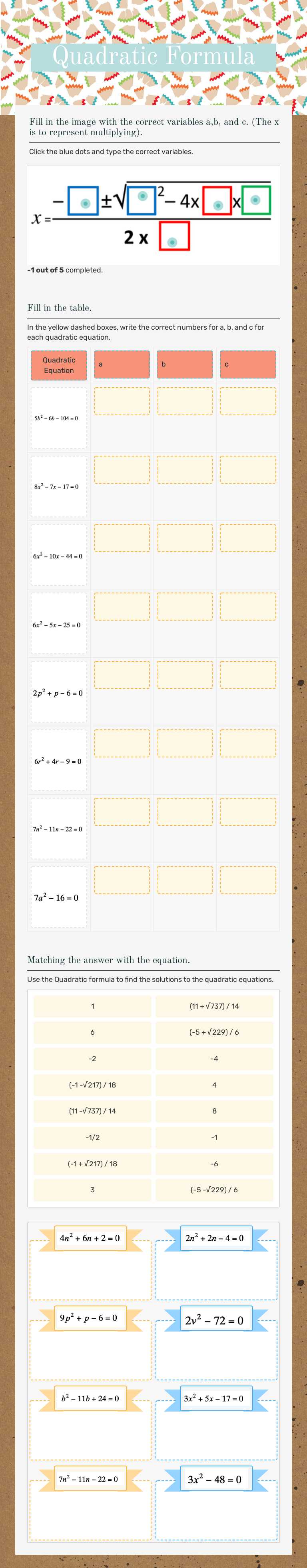 Quadratic Formula worksheet preview image