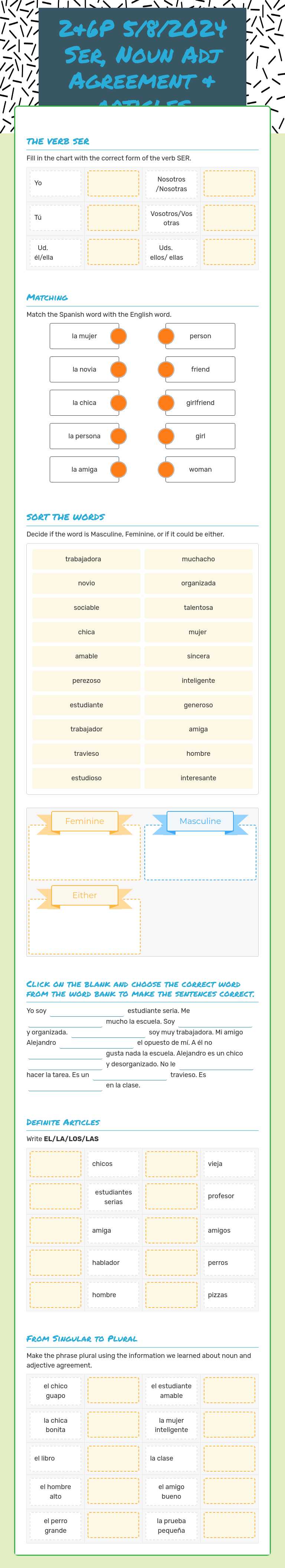 2&6P 4/9/2025 Ser, Noun Adj Agreement & articles Grade 8 worksheet preview