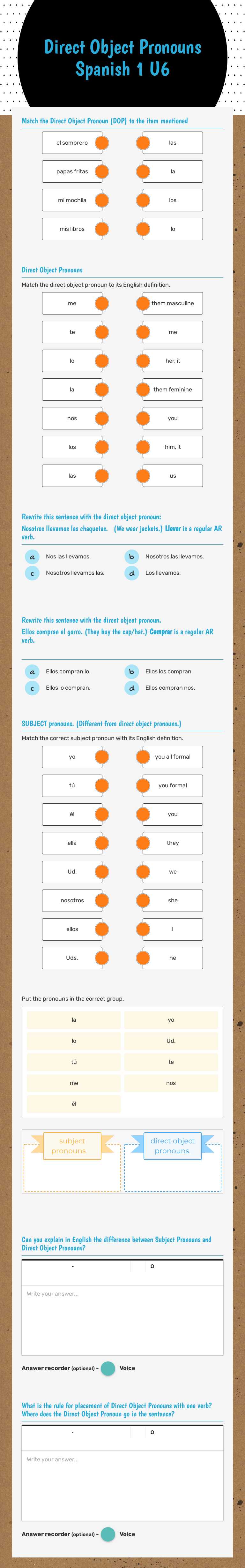 Direct Object Pronouns Spanish 1 U6 Grade 8 worksheet preview
