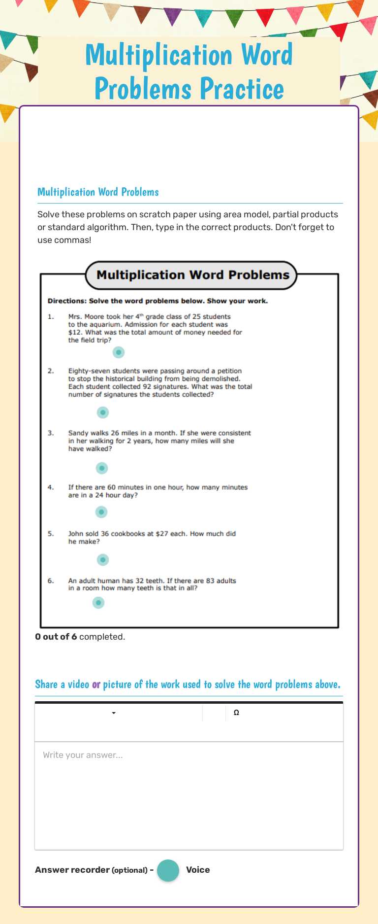 Multiplication Word Problems Practice worksheet preview image