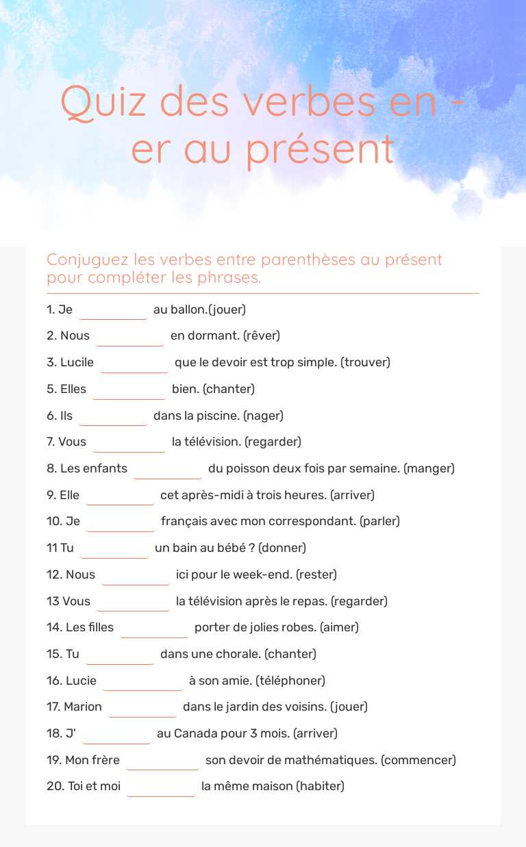 Quiz des verbes en -er au présent worksheet preview image